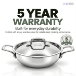 Tri-Ply Stainless Steel Kadai with Lid – Induction & Gas Compatible, No Coating, 5 Year Warranty