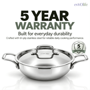 Tri-Ply Stainless Steel Kadai with Lid – Induction & Gas Compatible, No Coating, 5 Year Warranty