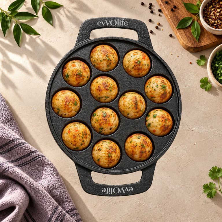 Cast Iron Paniyaram Pan – 12 Cavity, Flat Handle