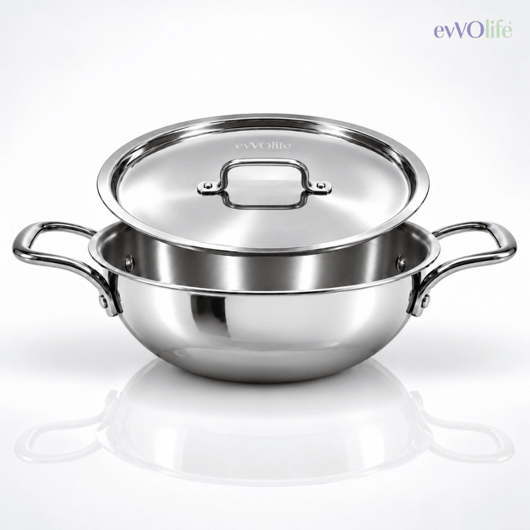 Tri-Ply Stainless Steel Kadai with Lid – Induction & Gas Compatible, No Coating, 5 Year Warranty