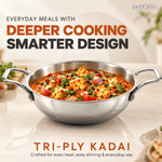 Tri-Ply Stainless Steel Kadai with Lid – Induction & Gas Compatible, No Coating, 5 Year Warranty