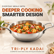 Tri-Ply Stainless Steel Kadai with Lid – Induction & Gas Compatible, No Coating, 5 Year Warranty
