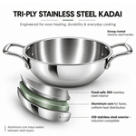 Tri-Ply Stainless Steel Kadai with Lid – Induction & Gas Compatible, No Coating, 5 Year Warranty