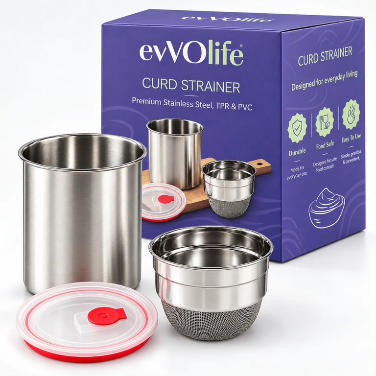 Stainless Steel Hung Curd Maker – Greek Yogurt Strainer with Lid, Fine Mesh, Fridge Storage