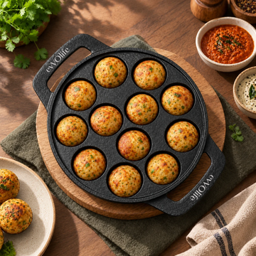 Cast Iron Paniyaram Pan – 12 Cavity, Flat Handle
