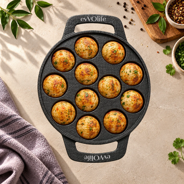 Cast Iron Paniyaram Pan – 12 Cavity, Flat Handle