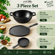Cast Iron Cookware Set: (24cm)Deep Kadai+ (28cm)Long Handle Tawa+(15cm) Mini Skillet