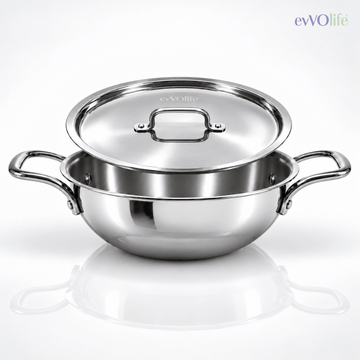 Tri-Ply Stainless Steel Kadai with Lid – Induction & Gas Compatible, No Coating, 5 Year Warranty