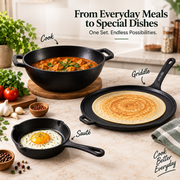 Cast Iron Cookware Set: (24cm)Deep Kadai+ (28cm)Long Handle Tawa+(15cm) Mini Skillet