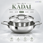 Tri-Ply Stainless Steel Kadai with Lid – Induction & Gas Compatible, No Coating, 5 Year Warranty