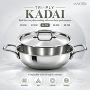 Tri-Ply Stainless Steel Kadai with Lid – Induction & Gas Compatible, No Coating, 5 Year Warranty