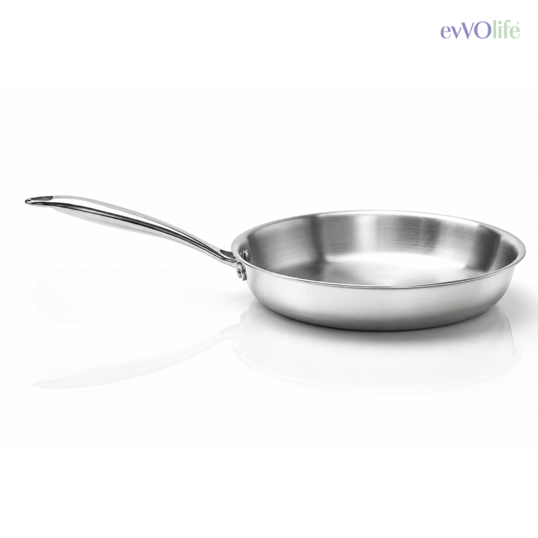 Tri-Ply Stainless Steel Fry Pan – Induction & Gas Compatible, No Coating, Riveted Handle | 5 Year Warranty