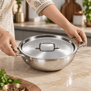 Tri-Ply Stainless Steel Kadai with Lid – Induction & Gas Compatible, No Coating, 5 Year Warranty