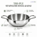 Tri-Ply Stainless Steel Kadai with Lid – Induction & Gas Compatible, No Coating, 5 Year Warranty