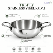 Tri-Ply Stainless Steel Kadai with Lid – Induction & Gas Compatible, No Coating, 5 Year Warranty