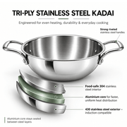 Tri-Ply Stainless Steel Kadai with Lid – Induction & Gas Compatible, No Coating, 5 Year Warranty