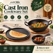 Cast Iron Cookware Set: (24cm)Deep Kadai+ (28cm)Long Handle Tawa+(15cm) Mini Skillet