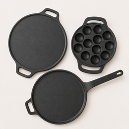 Cast Iron Kitchen Combo Set — 30cm Double Handle Dosa Tawa, 12-Pit Flat Handle Paniyarkal & 28cm Long Handle Tawa