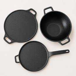 Cast Iron Cookware Set: (30cm)Dosa Tawa+ (28cm)Long Handle Tawa+(24cm) Deep Kadai