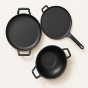 Cast Iron Cookware Set: (28cm)Family Choice Multi Tawa+ (28cm)Long Handle Tawa+(24cm) Deep Kadai
