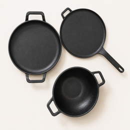 Cast Iron Cookware Set: (28cm)Family Choice Multi Tawa+ (28cm)Long Handle Tawa+(24cm) Deep Kadai