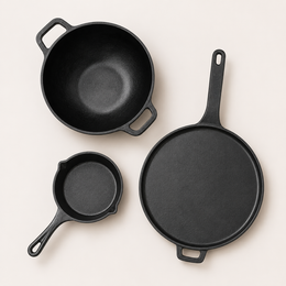 Cast Iron Cookware Set: (24cm)Deep Kadai+ (28cm)Long Handle Tawa+(15cm) Mini Skillet